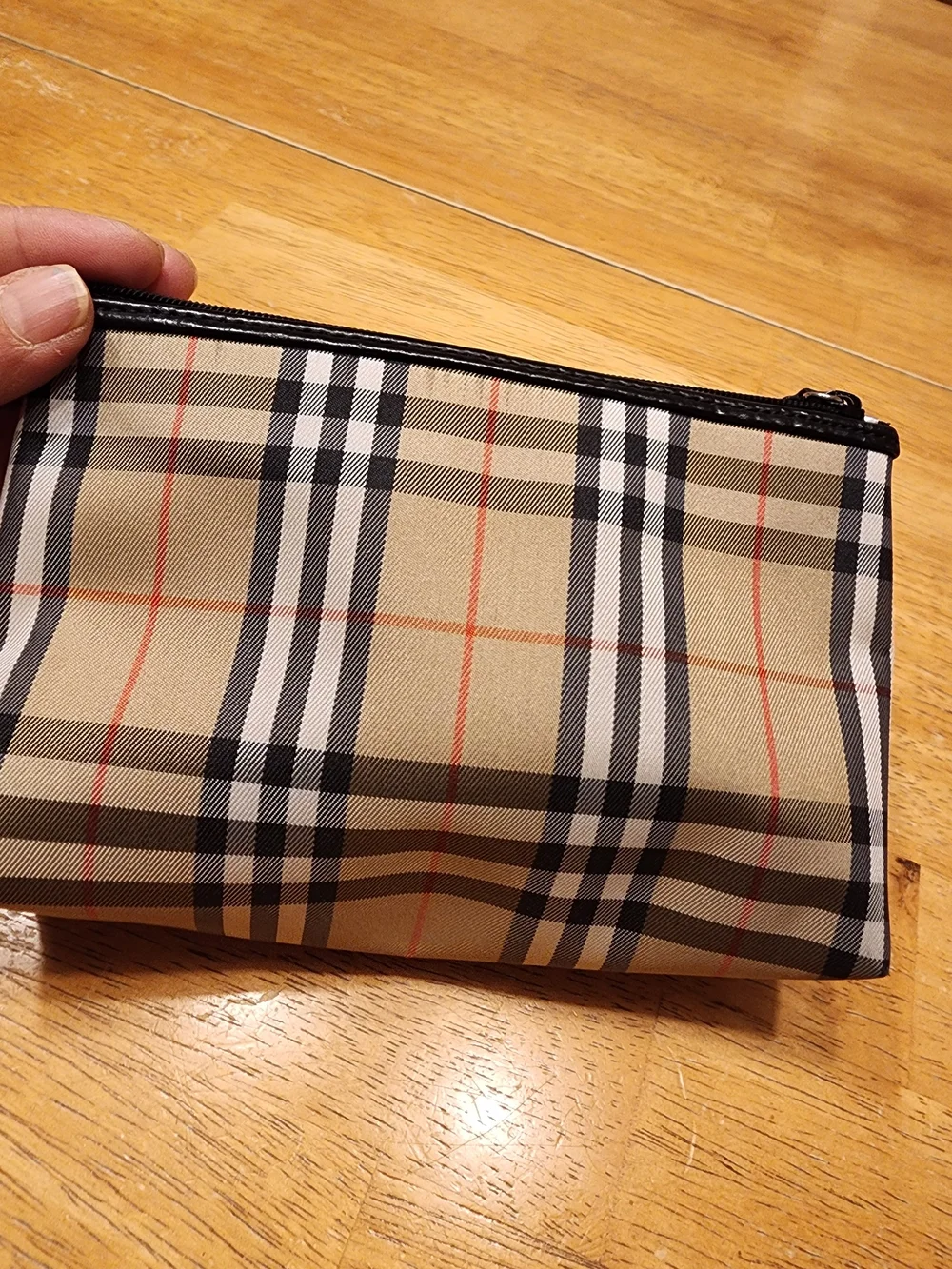 Burberry Beige Plaid Cosmetic Pouch with Black Trim
